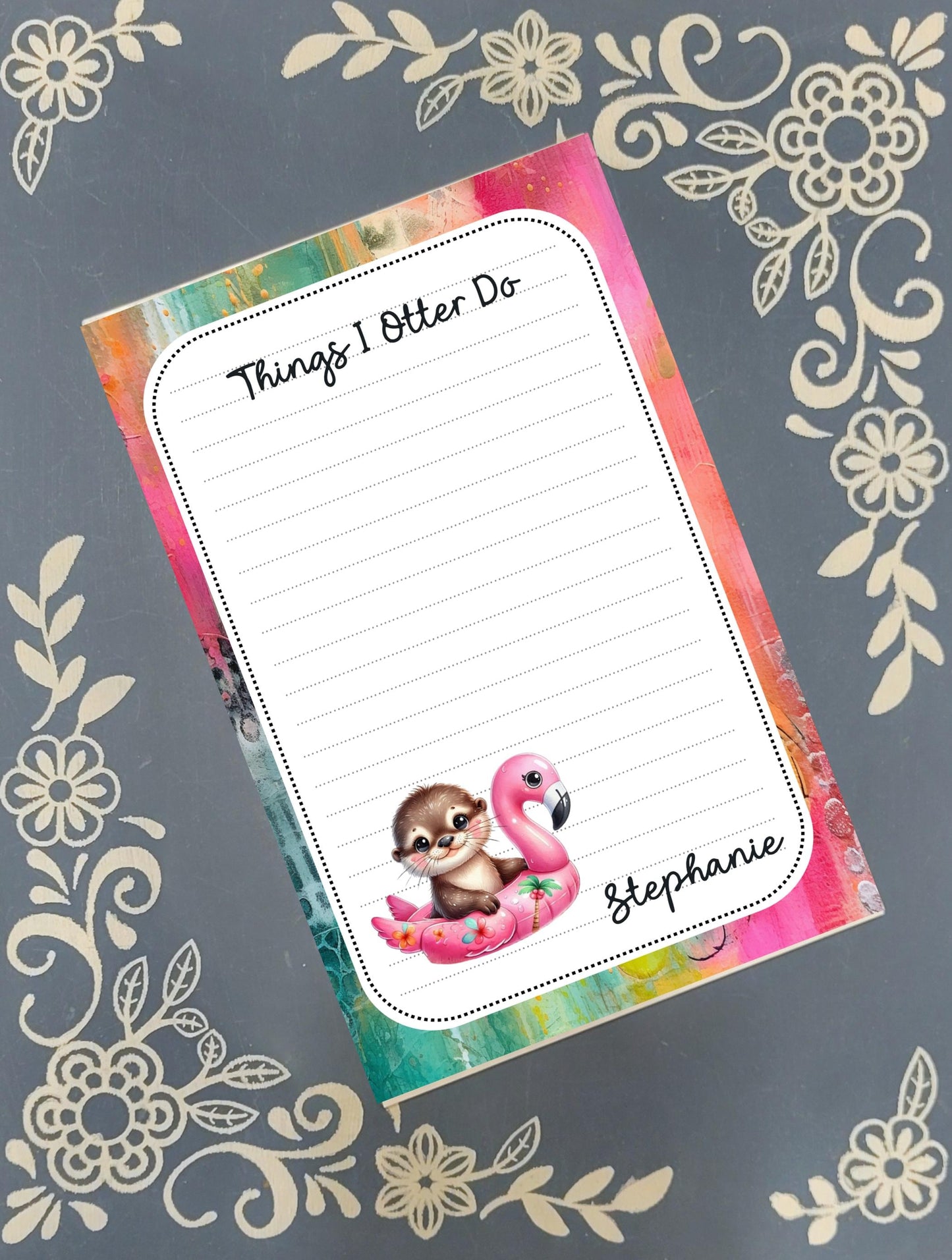 Personalized Otter on a flamingo float, Things I Otter Do, Notepad Stationery
