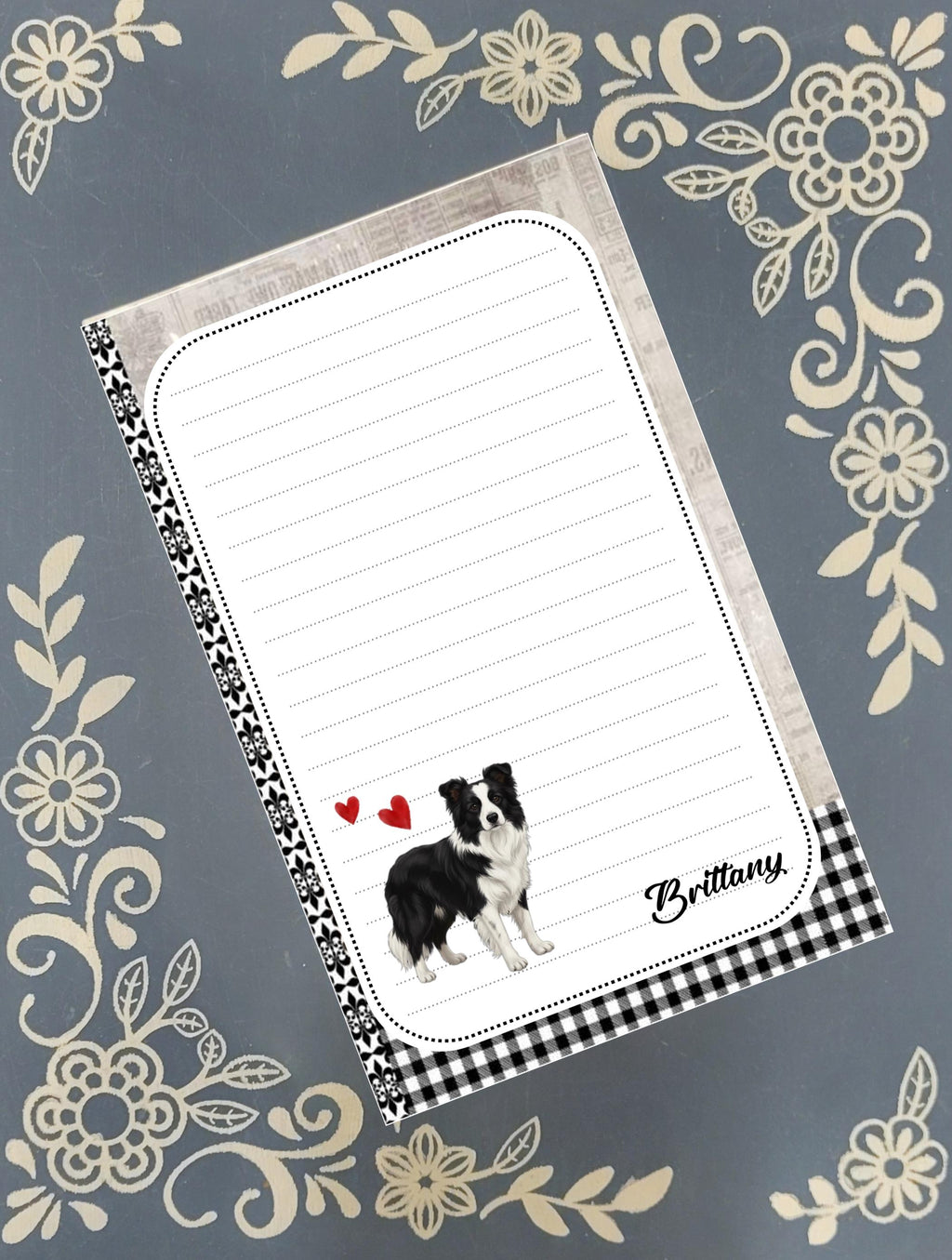 Personalized Custom Dog Breed, black and white with red hearts, Notepad Stationery