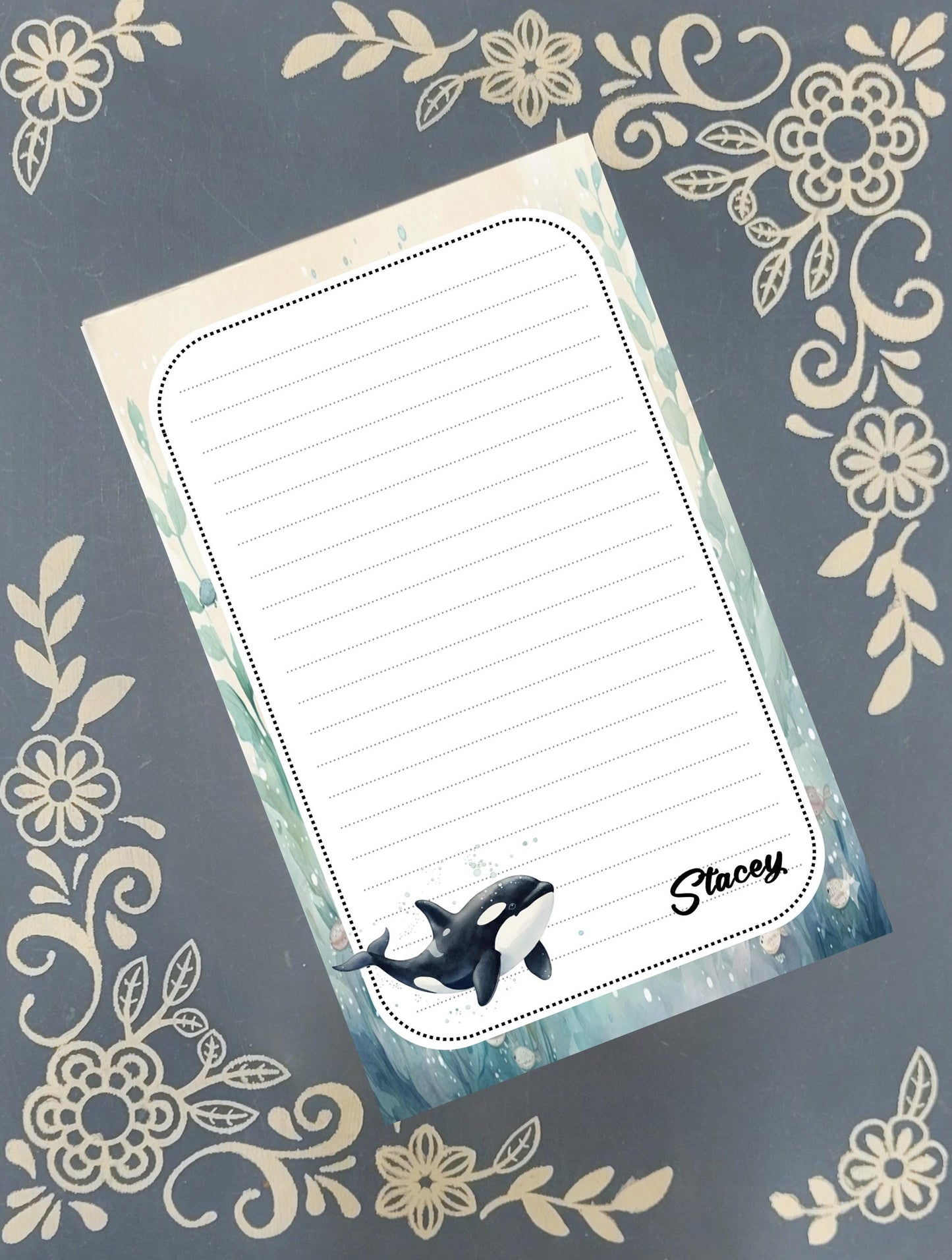 Personalized Orca Whale Swimming, Notepad Stationery