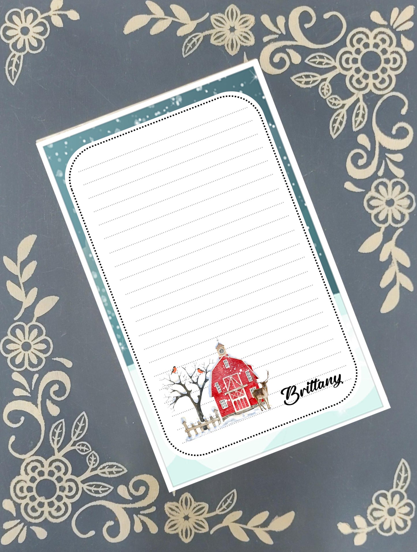 Personalized Winter Barn Notepad, Deer and Cardinals