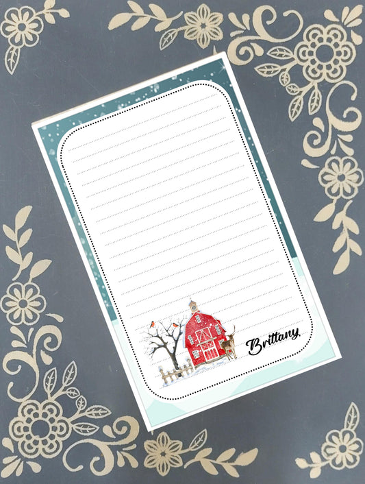 Personalized Winter Barn Notepad, Deer and Cardinals