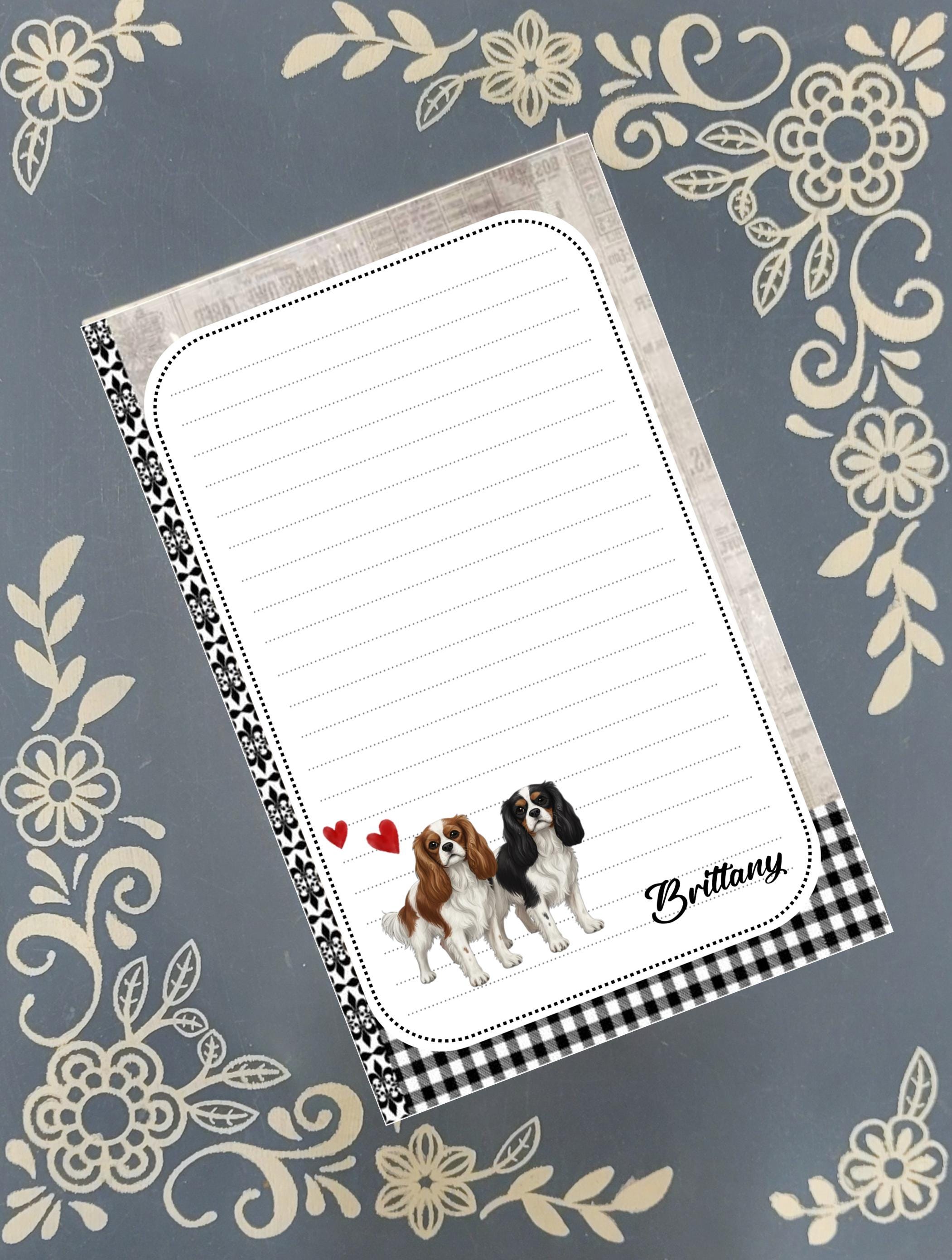 Personalized Custom Dog Breed, black and white with red hearts, Notepad Stationery
