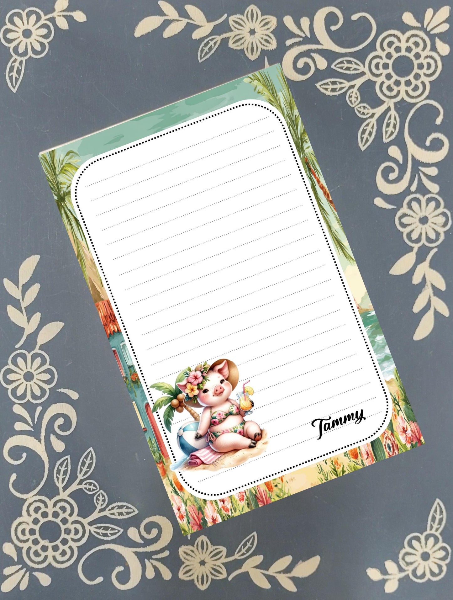 Personalized Pig at the Beach, Notepad Stationery