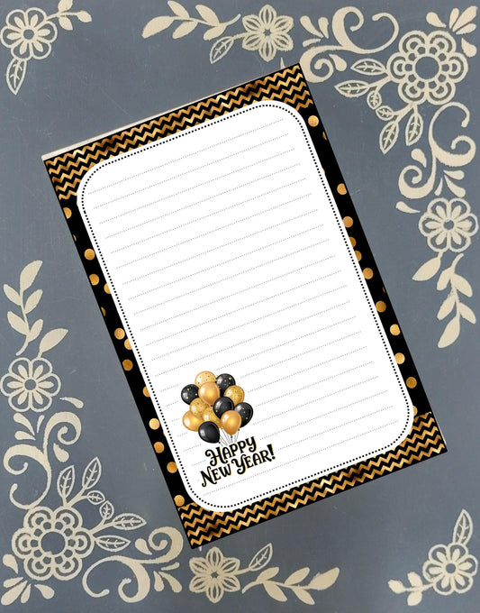 Personalized Happy New Year, Black and Gold Balloons, Notepad Stationery