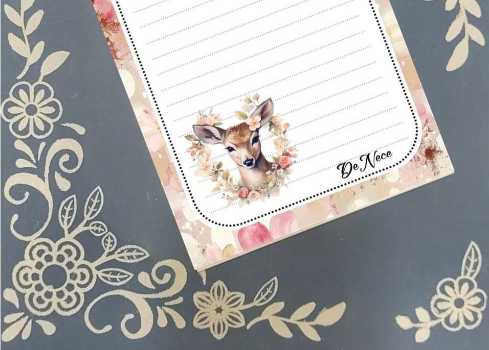 Personalized Deer, pink flowers, Notepad Stationery