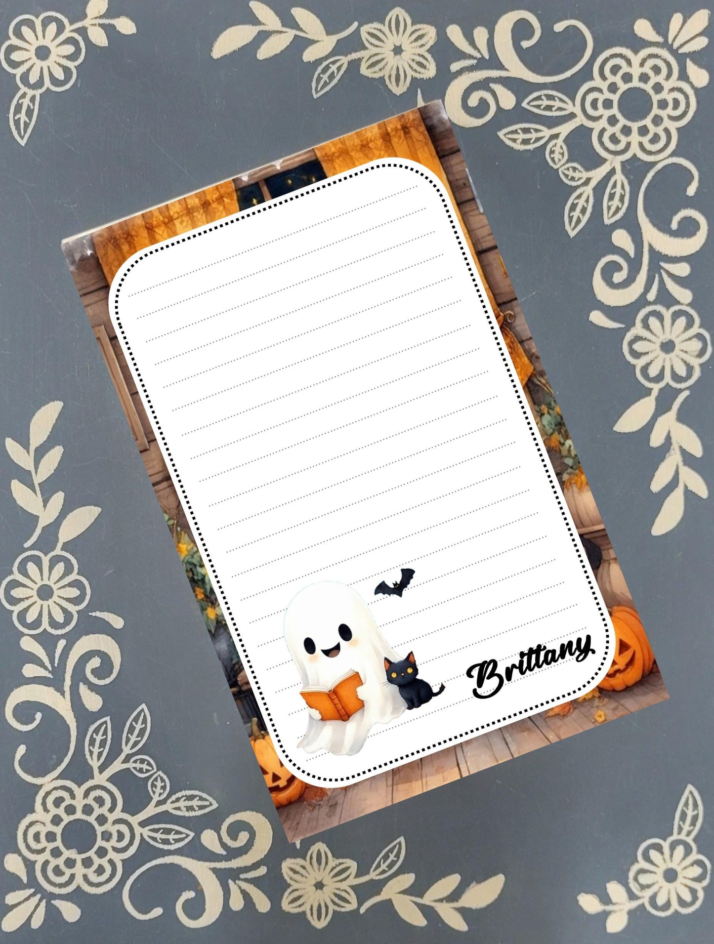 Personalized Ghost Reading to a Black Cat, Halloween, Notepad Stationery