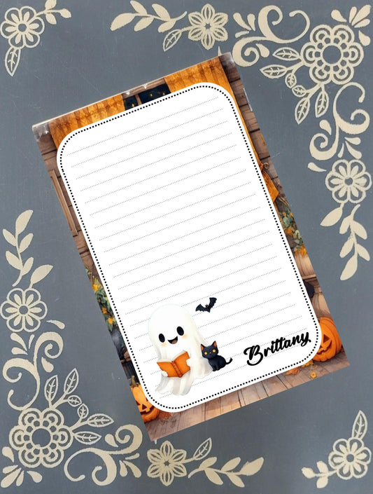 Personalized Ghost Reading to a Black Cat, Halloween, Notepad Stationery