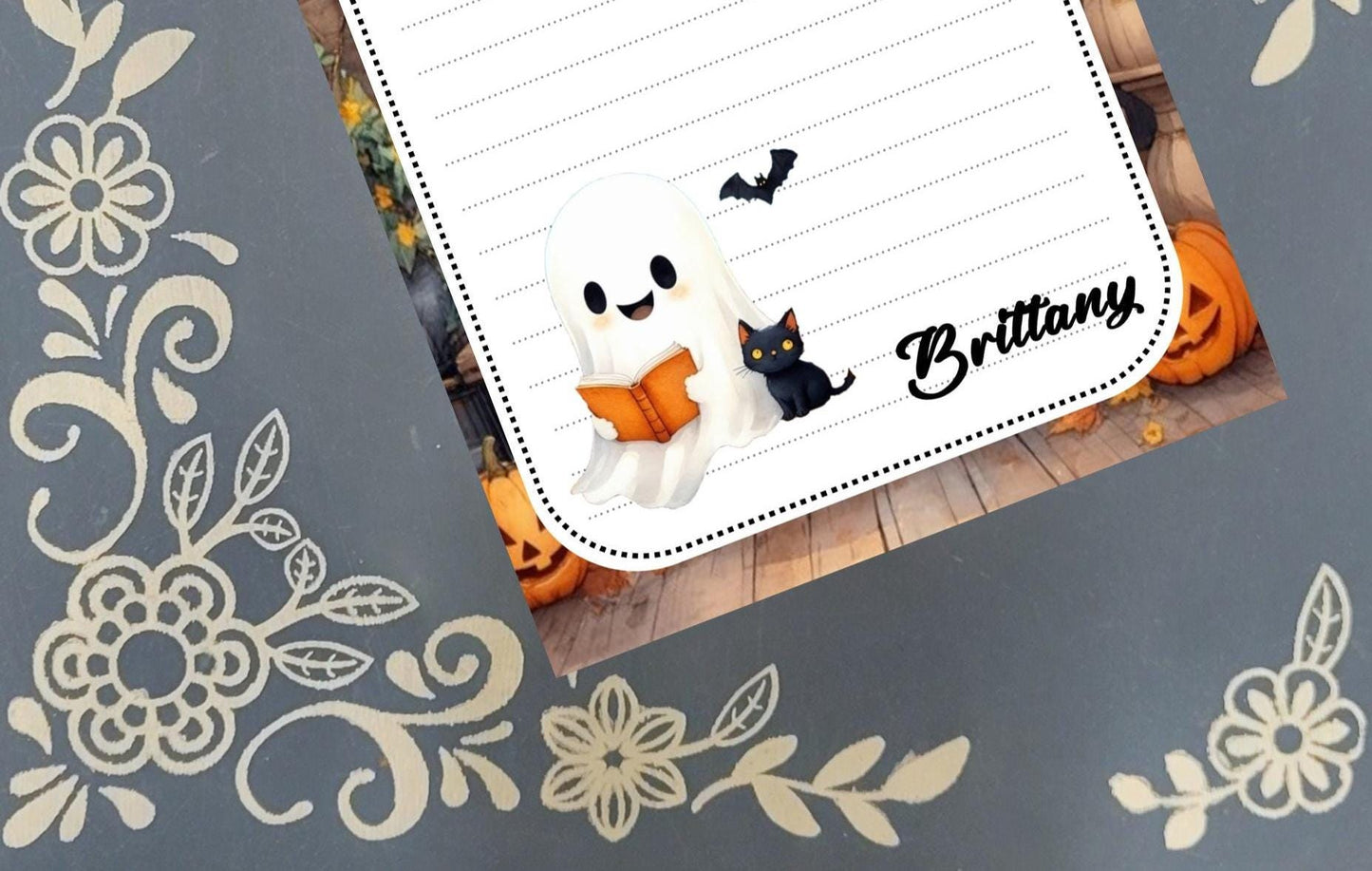 Personalized Ghost Reading to a Black Cat, Halloween, Notepad Stationery