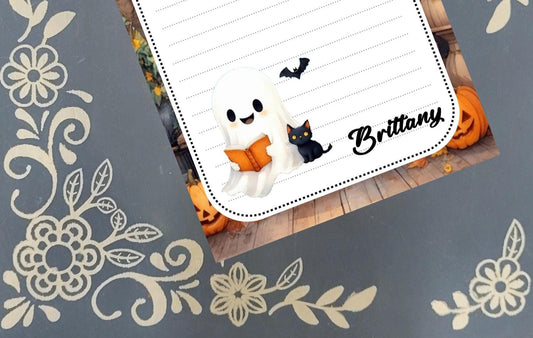 Personalized Ghost Reading to a Black Cat, Halloween, Notepad Stationery