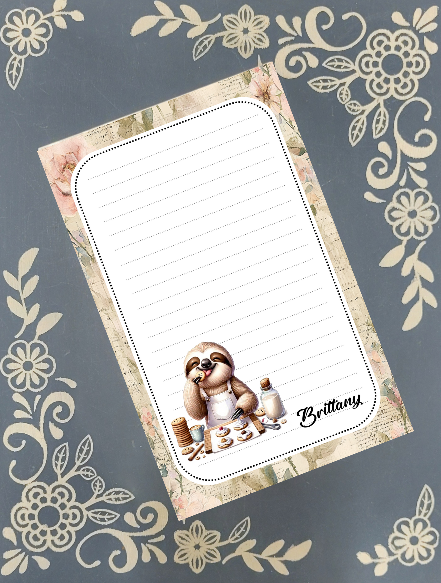 Personalized Baking Sloth Cookie Tester, Notepad Stationery