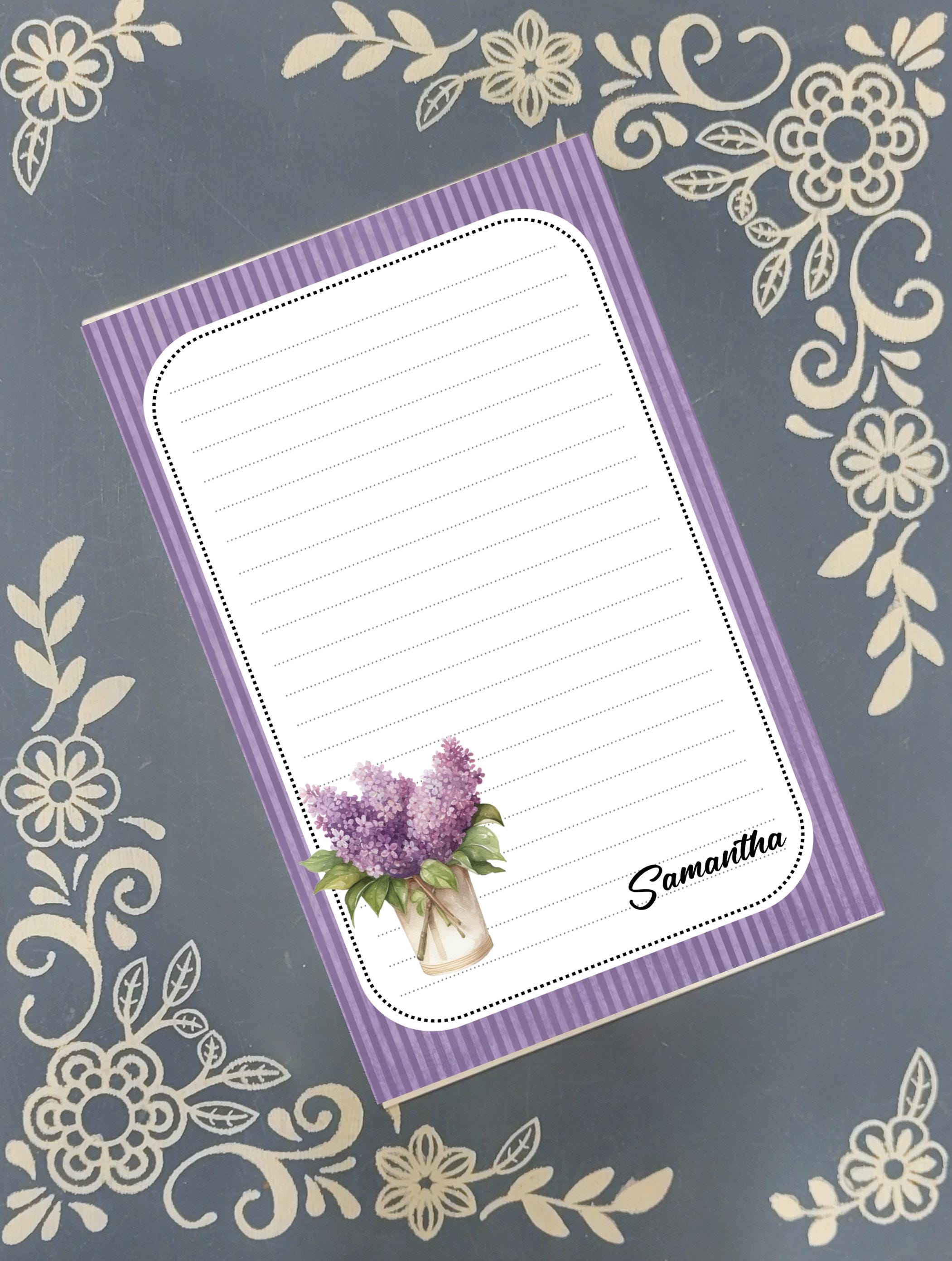 Personalized Flowers, purple flowers in a vase, Notepad Stationery