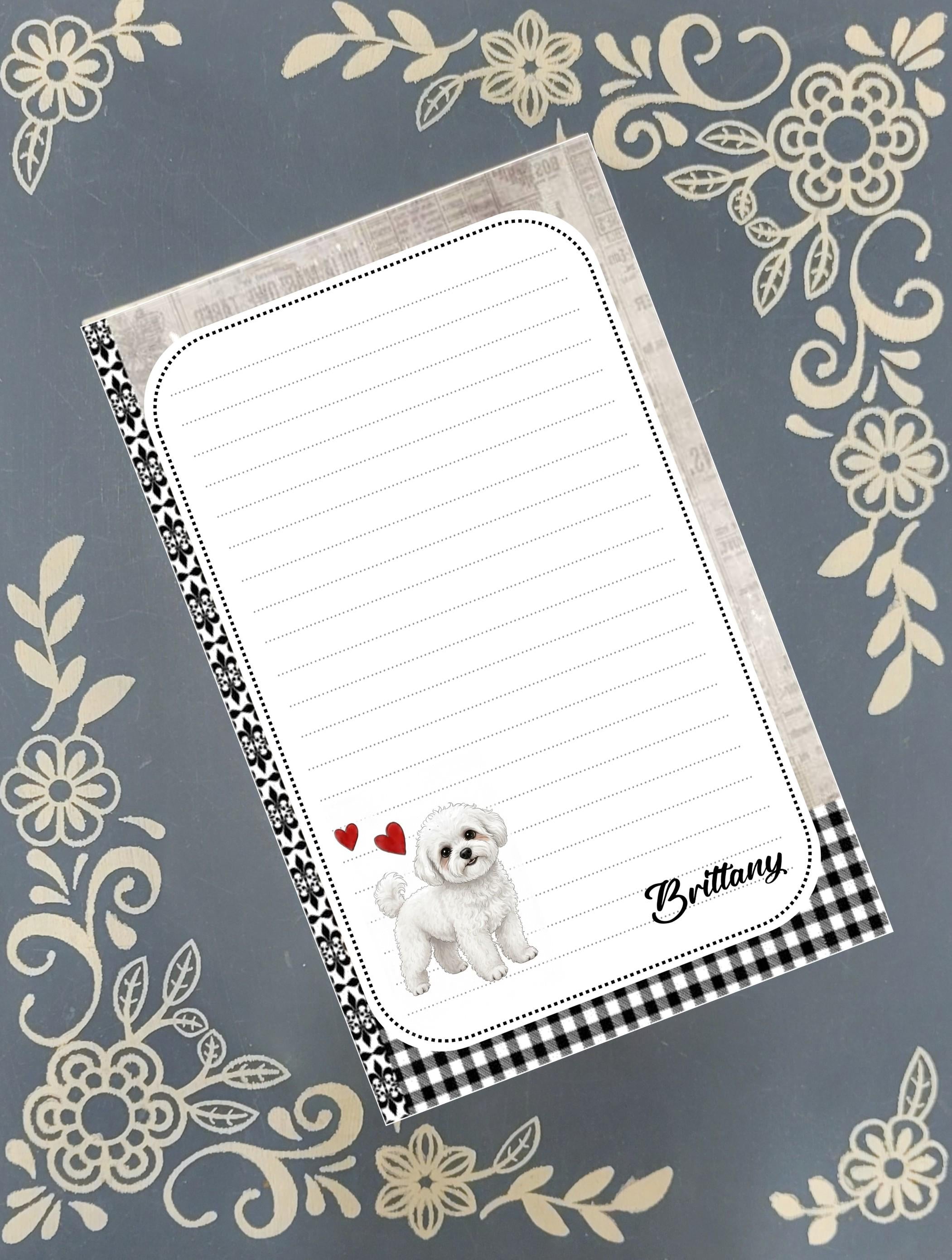 Personalized Custom Dog Breed, black and white with red hearts, Notepad Stationery