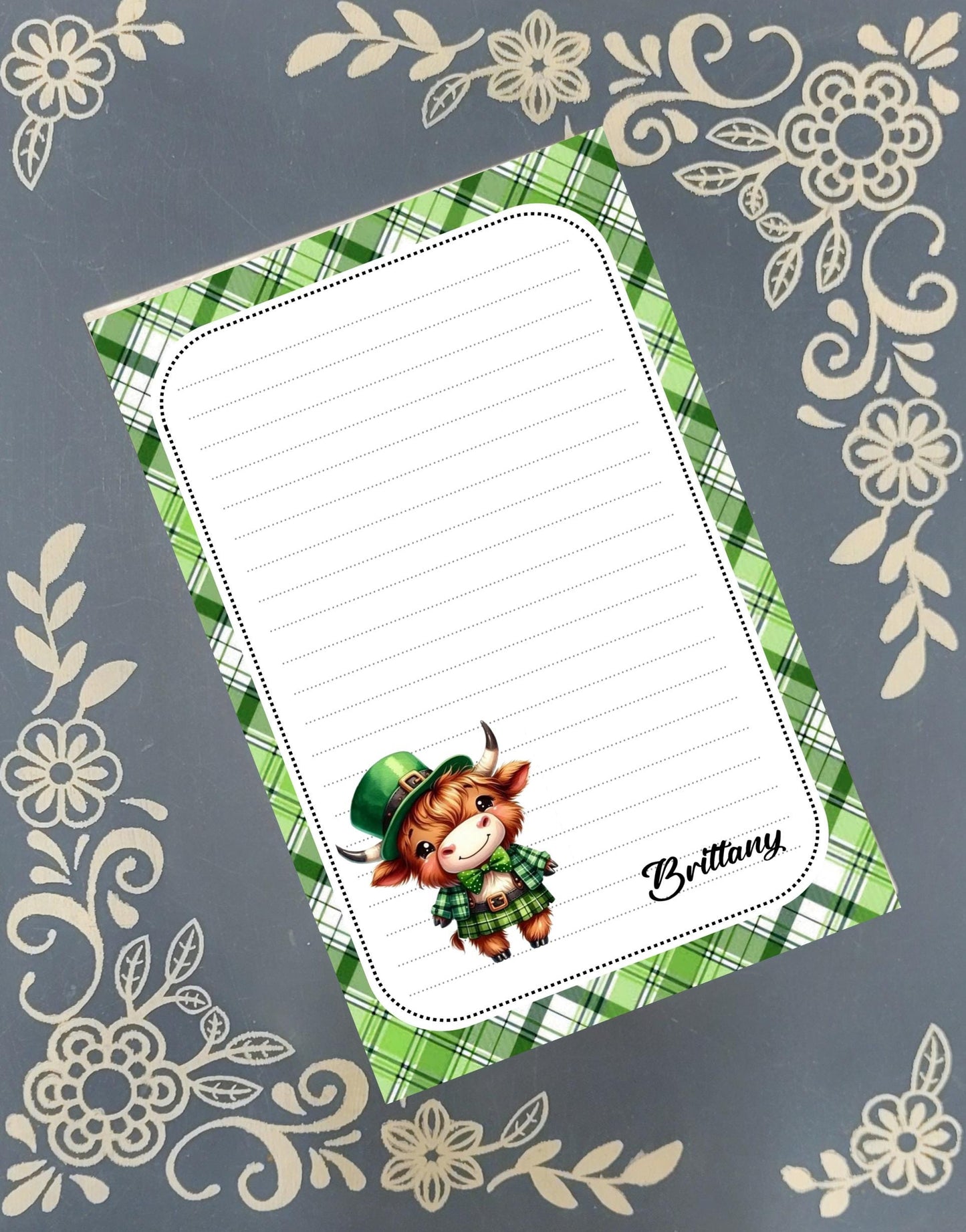 Personalized St. Patrick's Day, Irish Highland Cow, Notepad Stationery