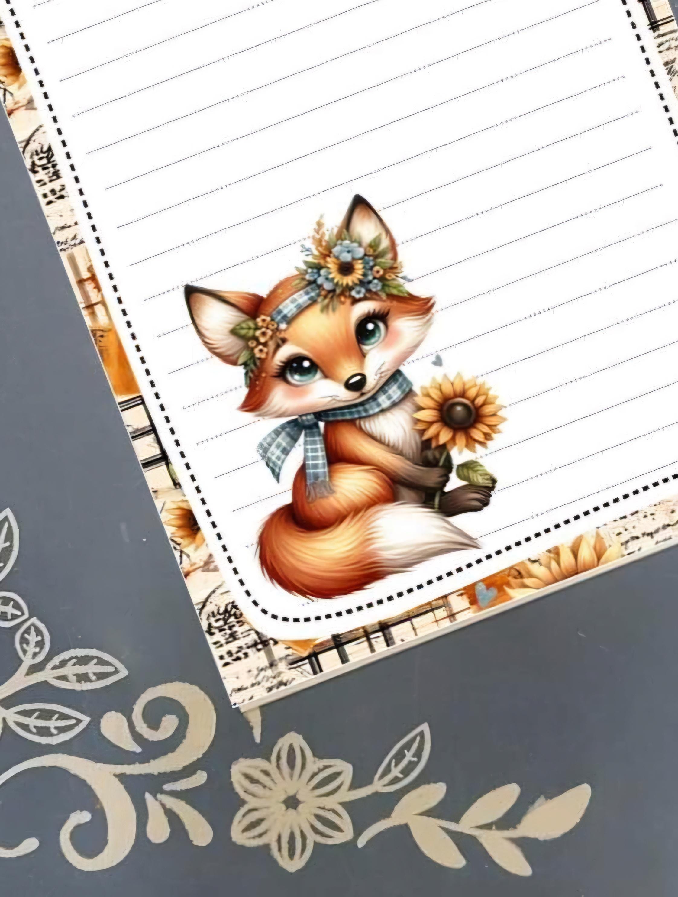 Personalized Fox with a Sunflower, Autumn Fall, Notepad Stationery