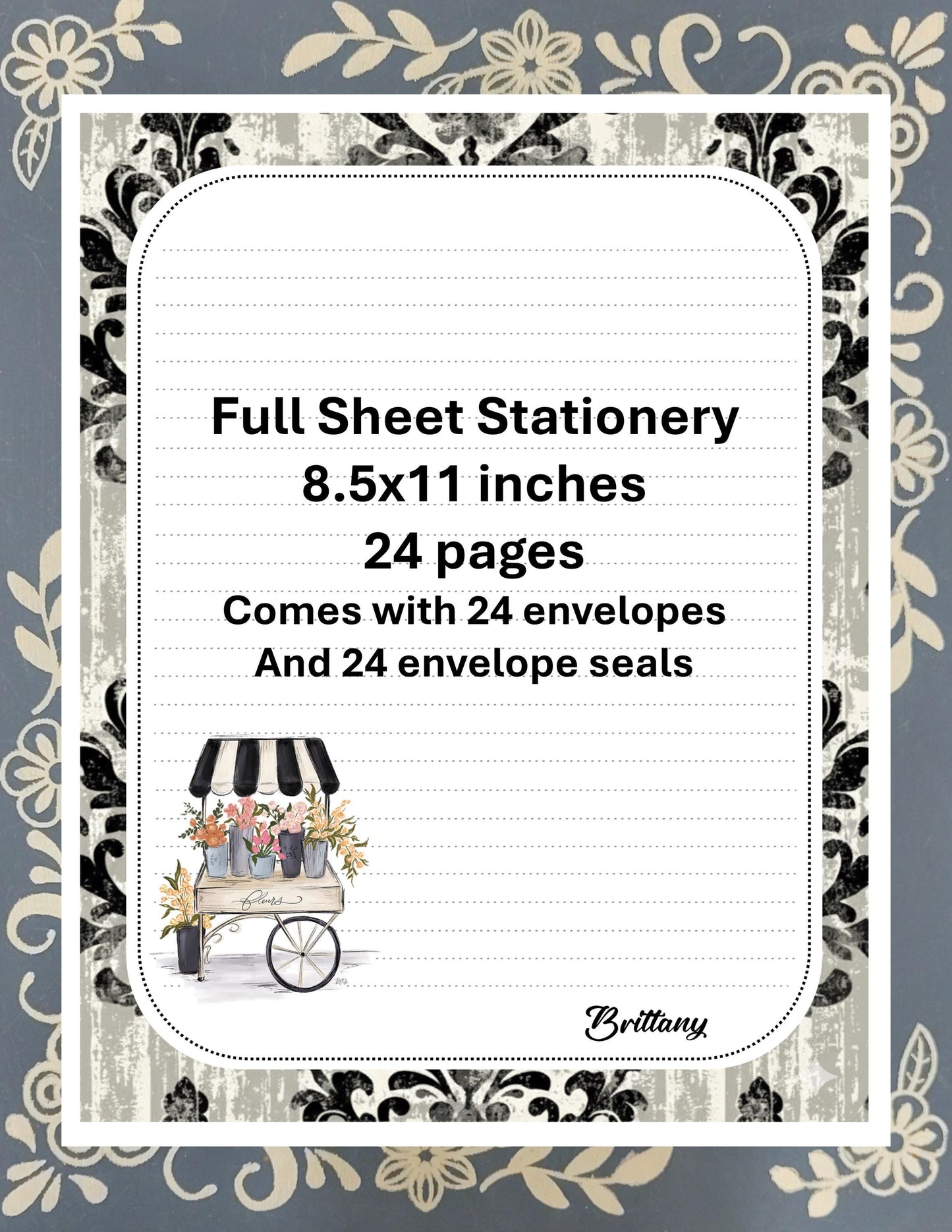 Personalized Damask Flower Cart, Stationery Kit, Letter Writing Set, Snail Mail, Pen Pal
