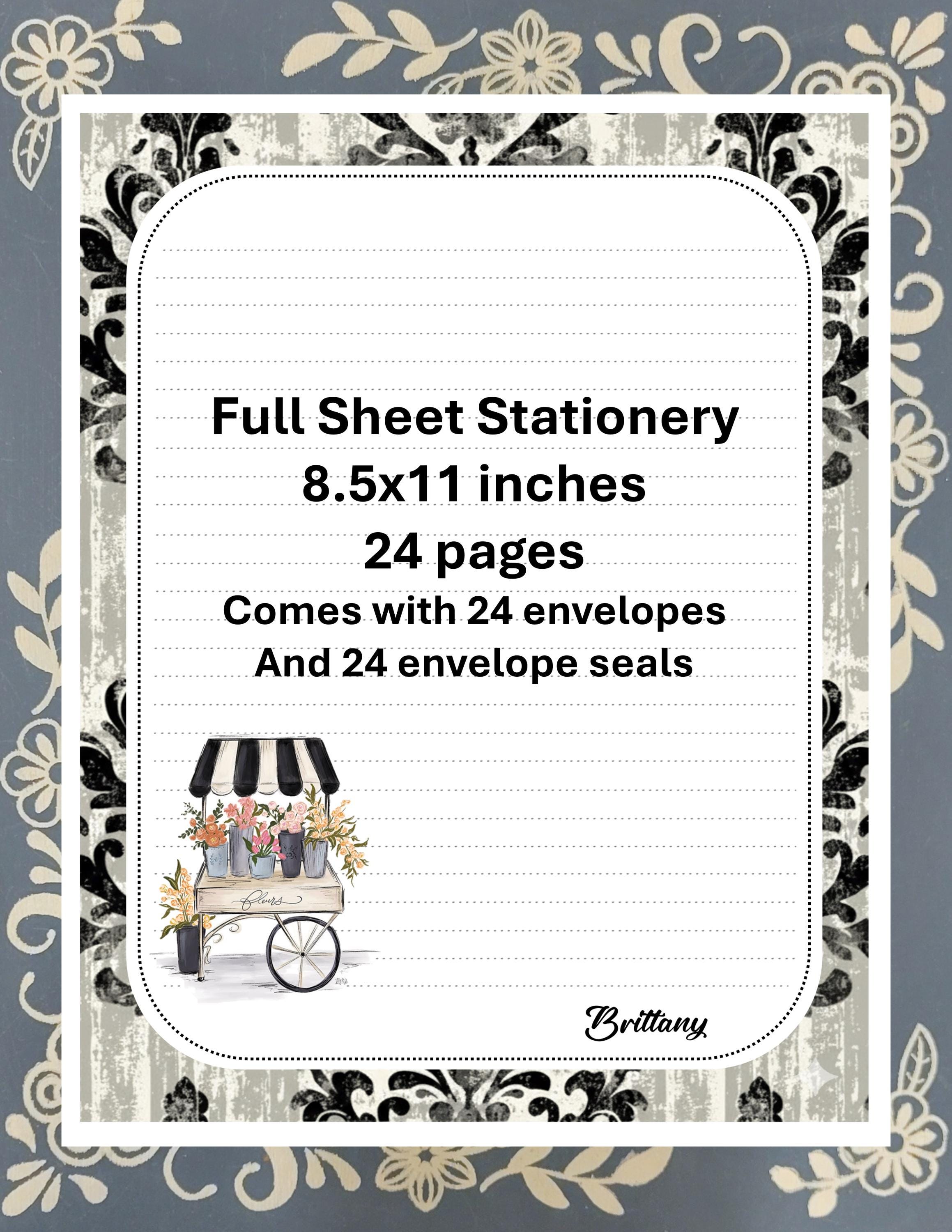 Personalized Damask Flower Cart, Stationery Kit, Letter Writing Set, Snail Mail, Pen Pal