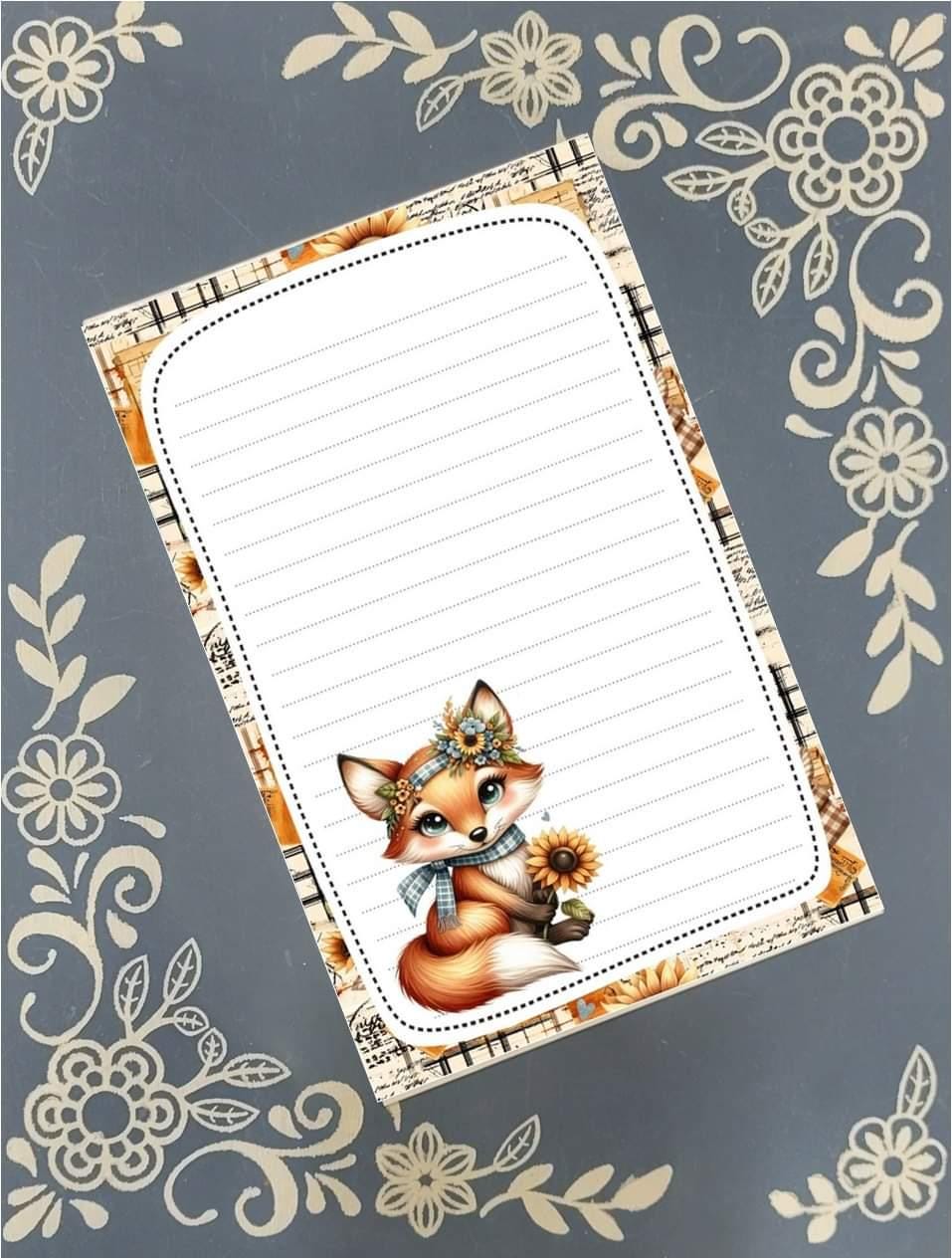 Personalized Fox with a Sunflower, Autumn Fall, Notepad Stationery