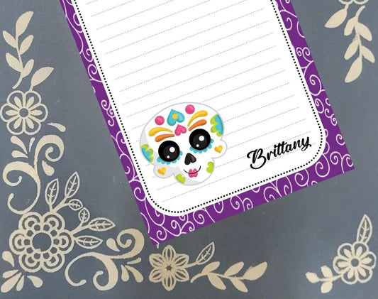 Personalized Sugar Skull, Purple Halloween, Dia de los Muertos, Notepad Stationery