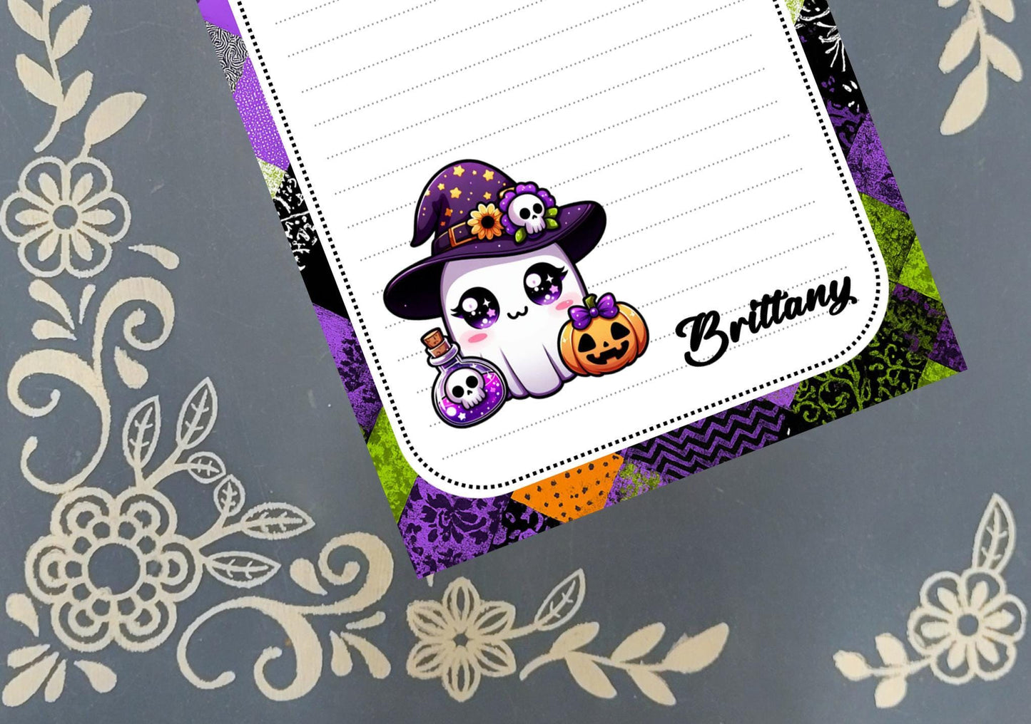 Personalized Ghost in a Witch Hat with a Potion Bottle, Halloween, Notepad Stationery