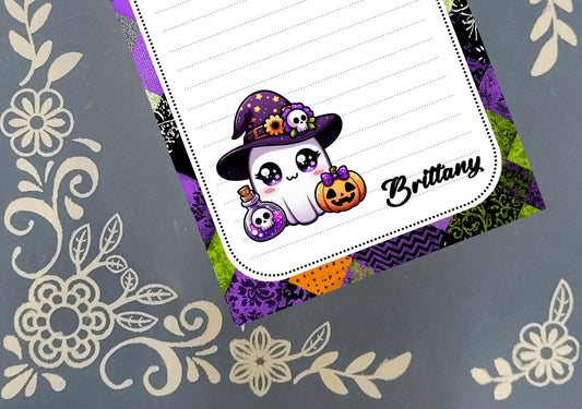 Personalized Ghost in a Witch Hat with a Potion Bottle, Halloween, Notepad Stationery