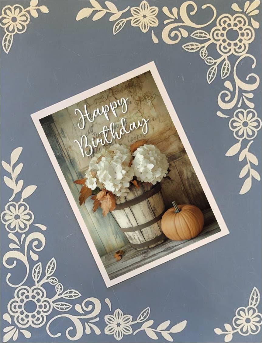 Happy Fall Y'all, Happy Birthday, Hydrangeas, Pumpkin, Autumn Greeting Card Bundle, 5x7 with Envelopes