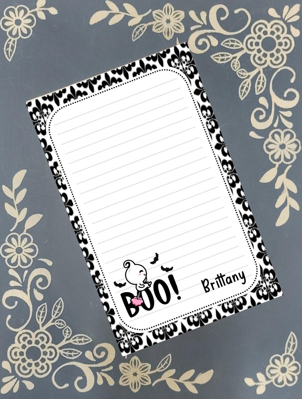 Personalized BOO!, Ghost shooting Pink Fart, Halloween, Notepad Stationery