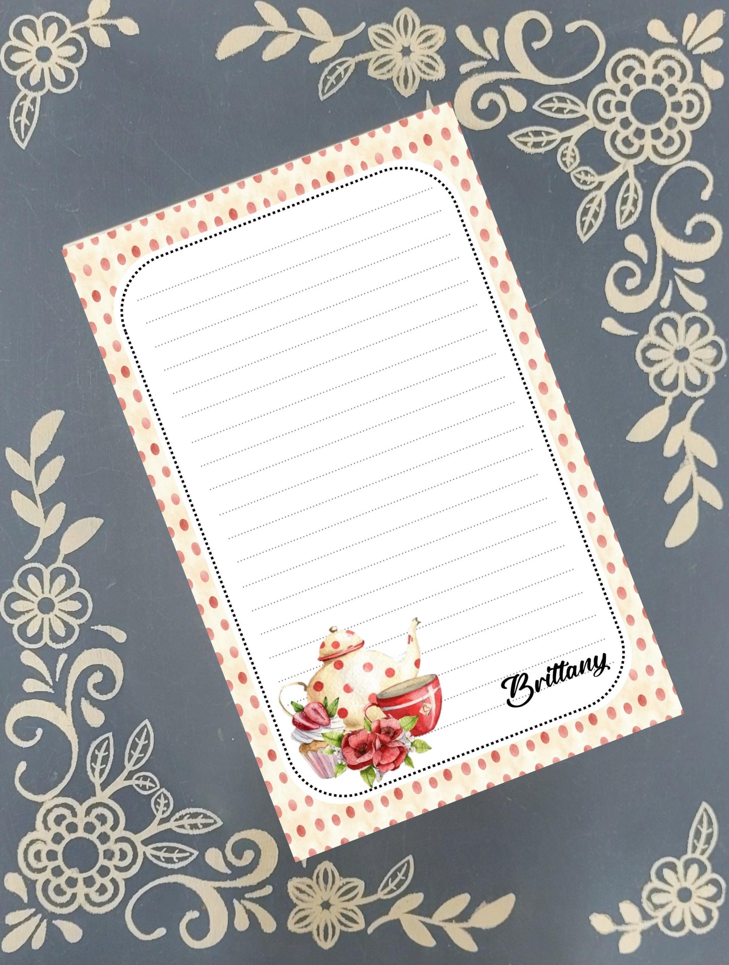 Personalized Tea Pot with Red Polka Dots, Notepad Stationery