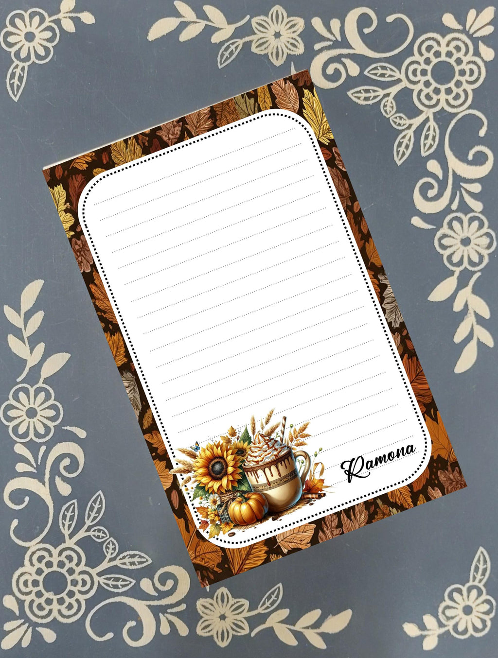 Personalized Coffee Pumpkin Spice Latte with Sunflower and Pumpkin, Fall Autumn Notepad Stationery