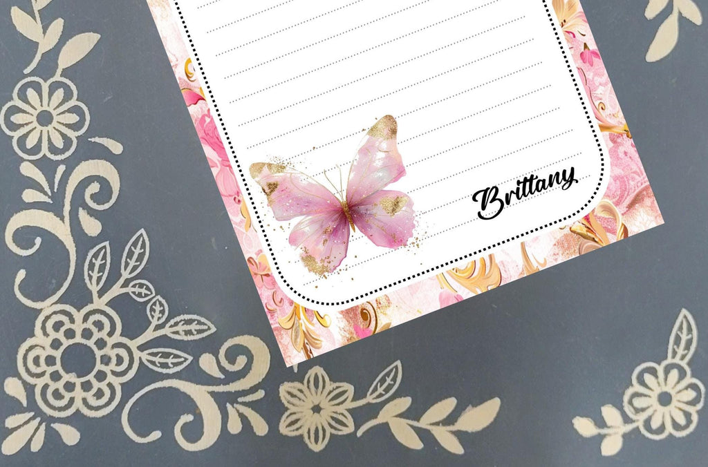Personalized Butterfly Floral, Pink and Gold, Notepad Stationery