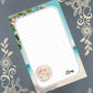 Personalized notepad featuring a tropical summer beach shells design, showing lined tear-away sheets by Mrs B's Stationery & Gift Shop.