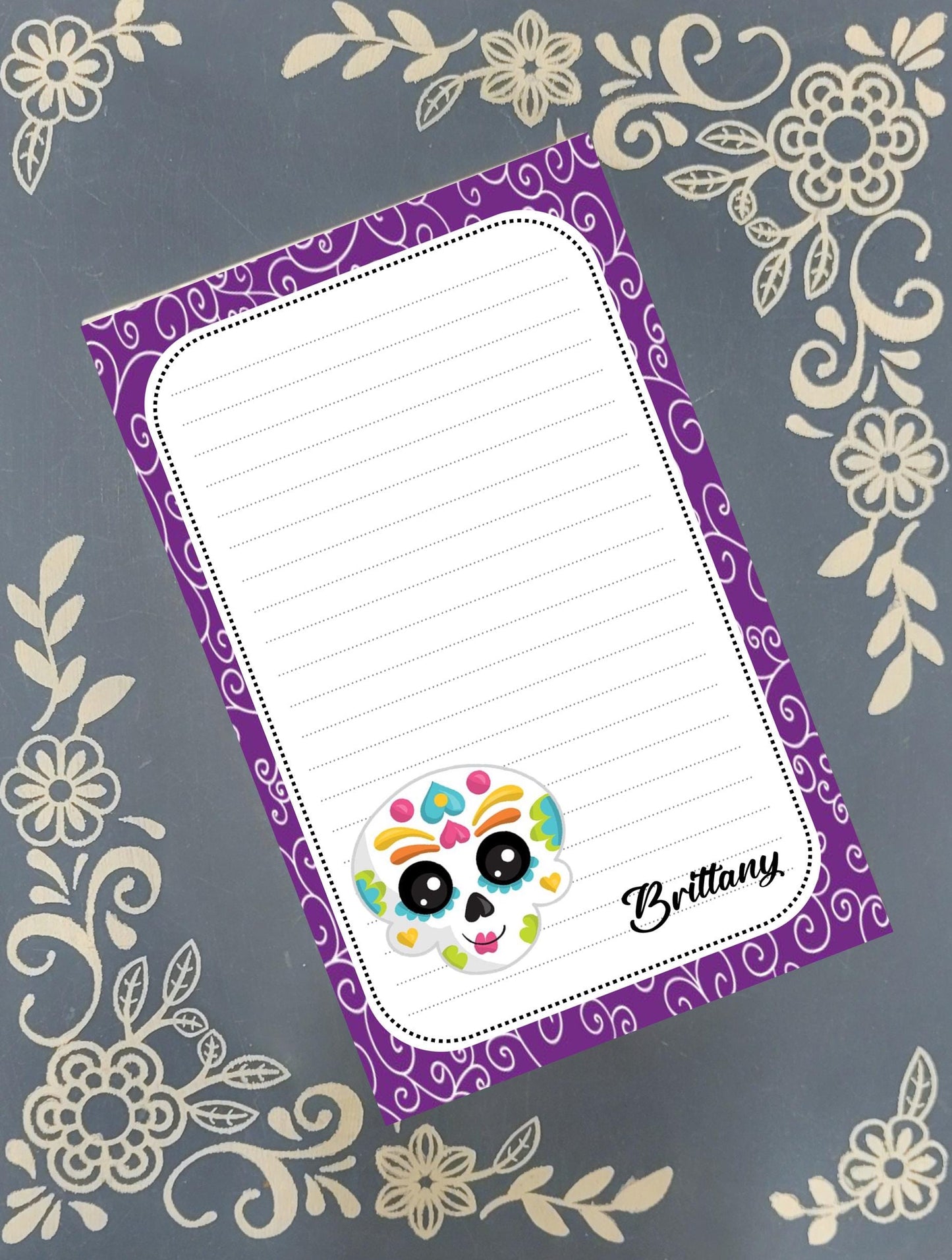 Personalized Sugar Skull, Purple Halloween, Dia de los Muertos, Notepad Stationery