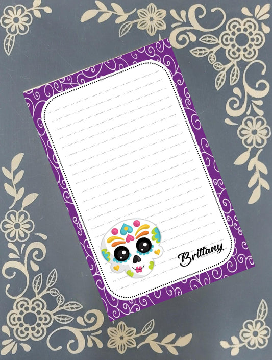 Personalized Sugar Skull, Purple Halloween, Dia de los Muertos, Notepad Stationery