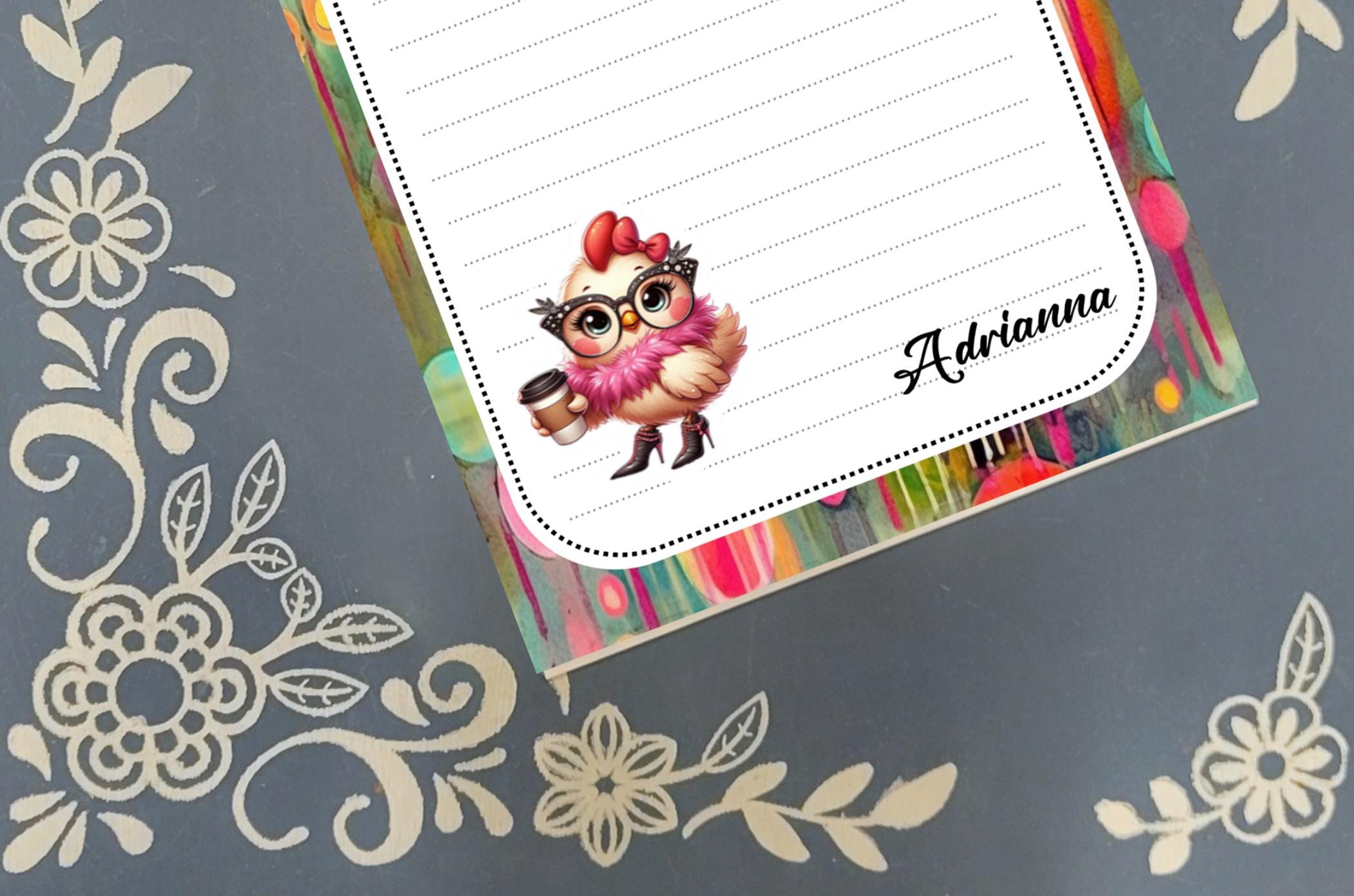 Personalized Fancy Chicken with Coffee, Notepad Stationery