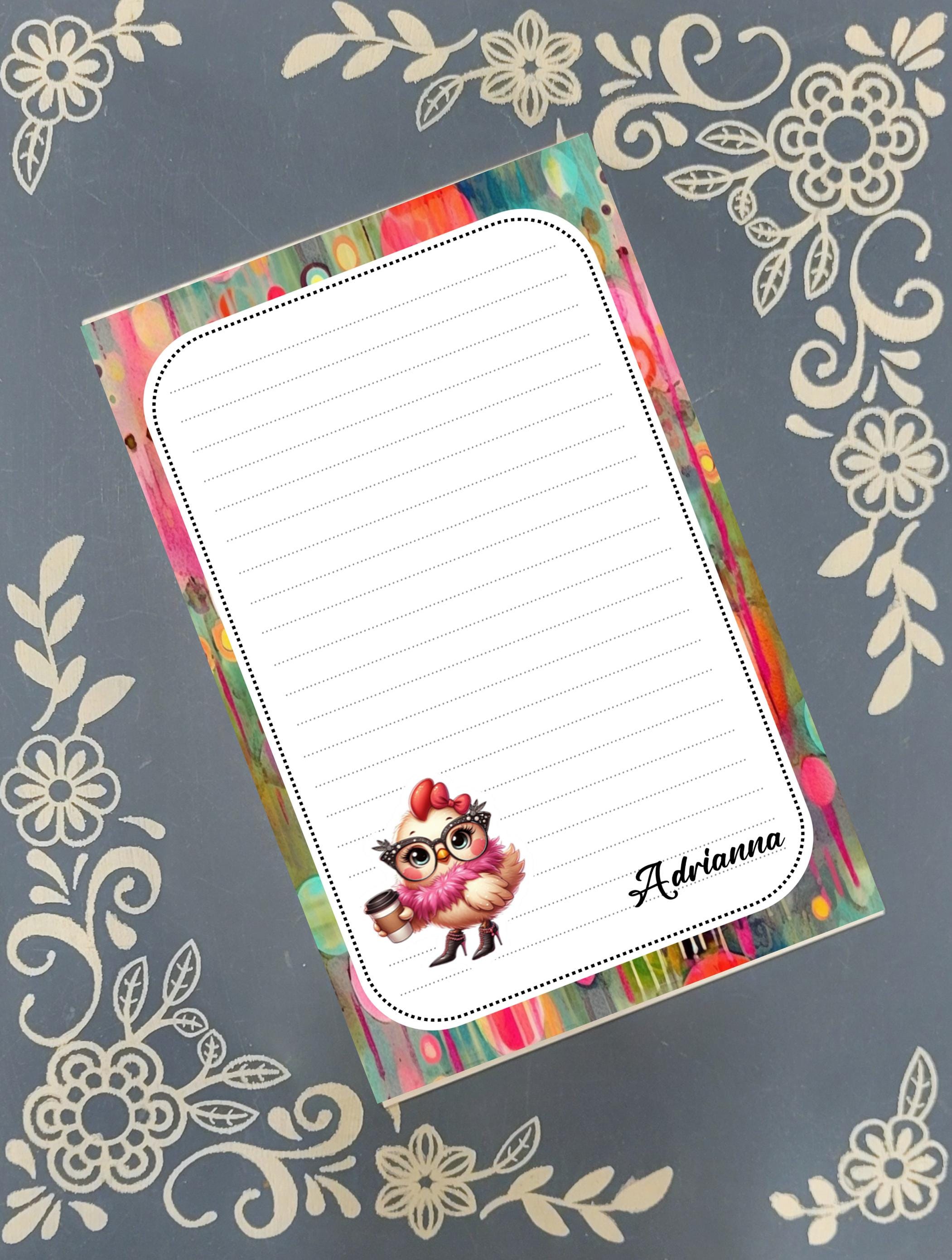 Personalized Fancy Chicken with Coffee, Notepad Stationery
