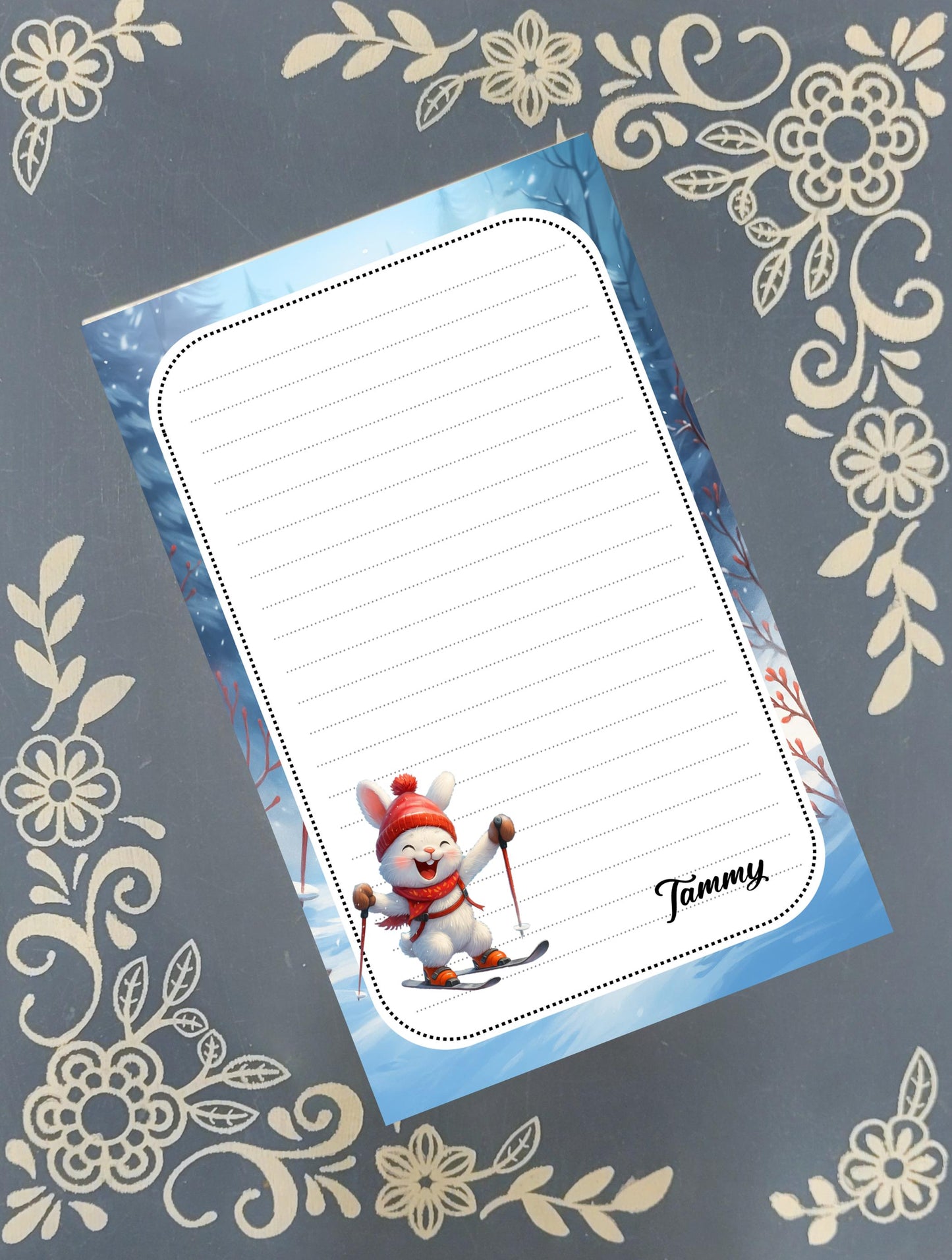 Personalized Snow Bunny, Skiing Rabbit, Notepad Stationery