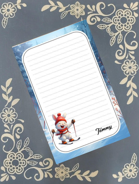 Personalized Snow Bunny, Skiing Rabbit, Notepad Stationery