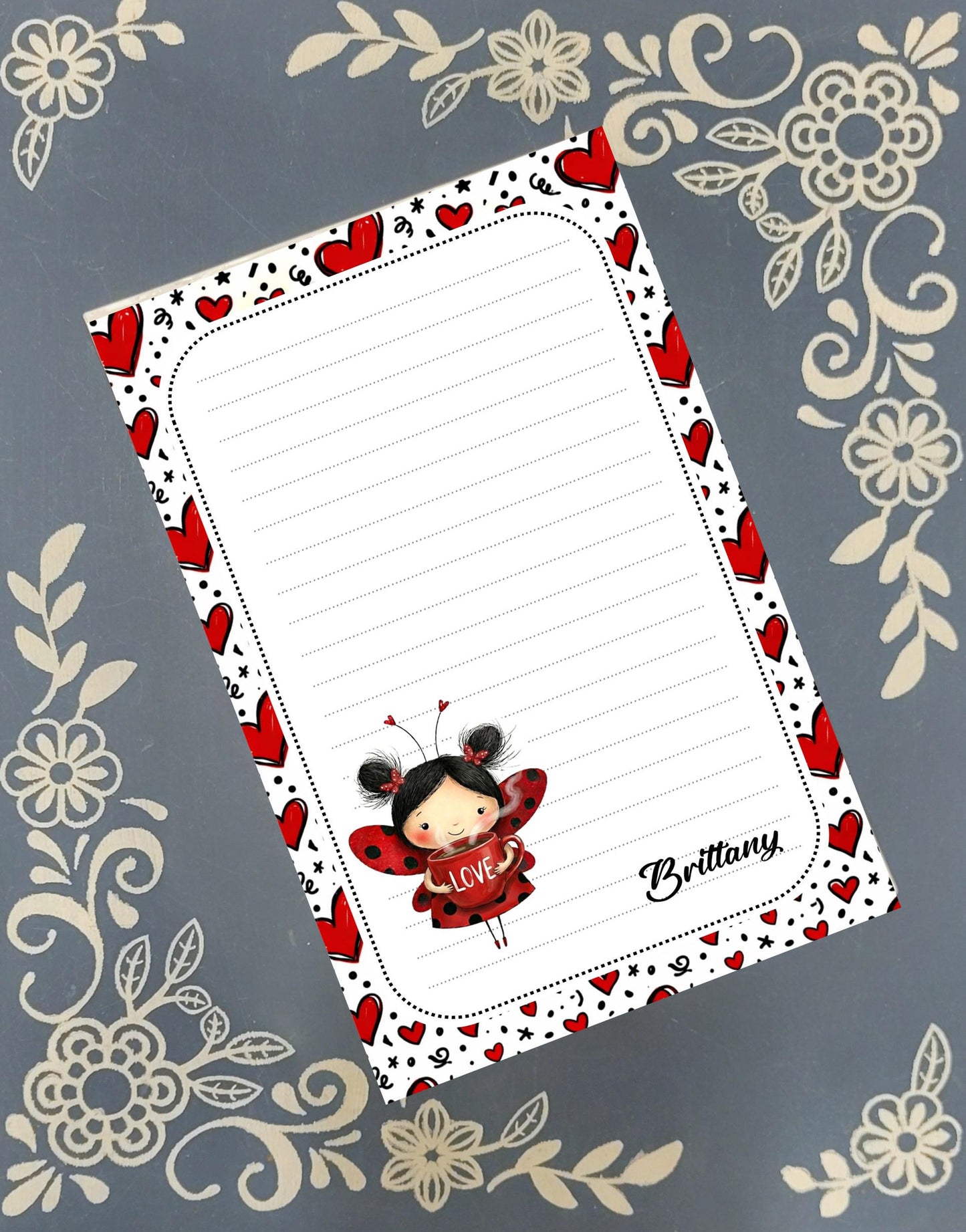 Personalized Love Bug, Valentine's Day, Hearts & Roses, Notepad Stationery