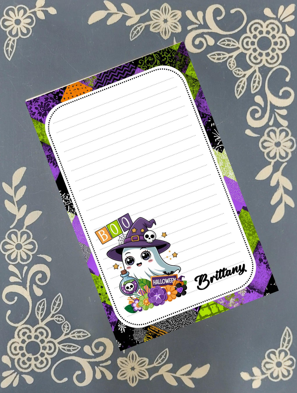 Personalized Boo, Ghost in a Witch Hat with a Potion Bottle, Halloween Flowers, Notepad Stationery