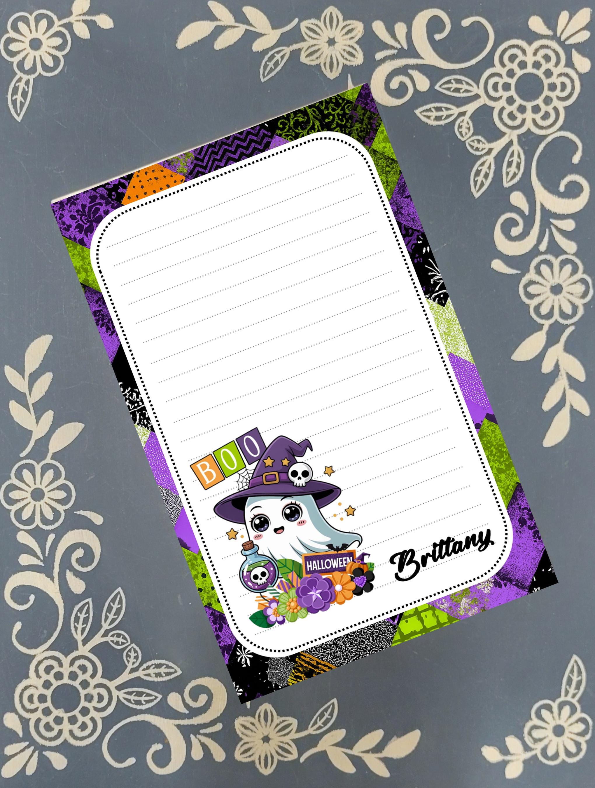 Personalized Boo, Ghost in a Witch Hat with a Potion Bottle, Halloween Flowers, Notepad Stationery