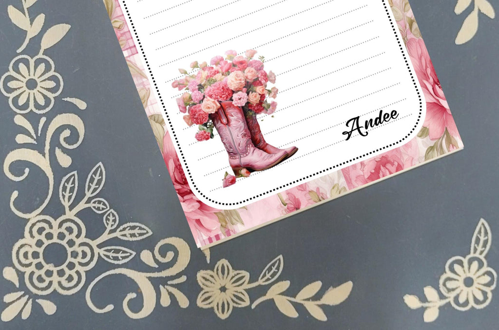 Personalized Cowboy Boots, Pink, Flowers, Cowgirl, Notepad Stationery