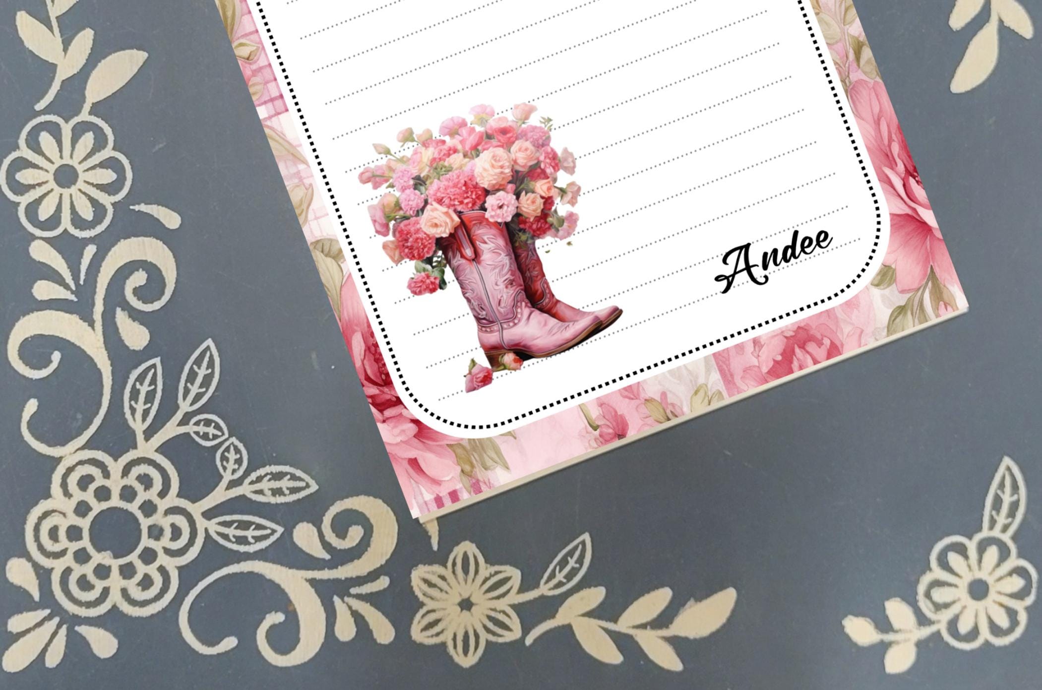 Personalized Cowboy Boots, Pink, Flowers, Cowgirl, Notepad Stationery