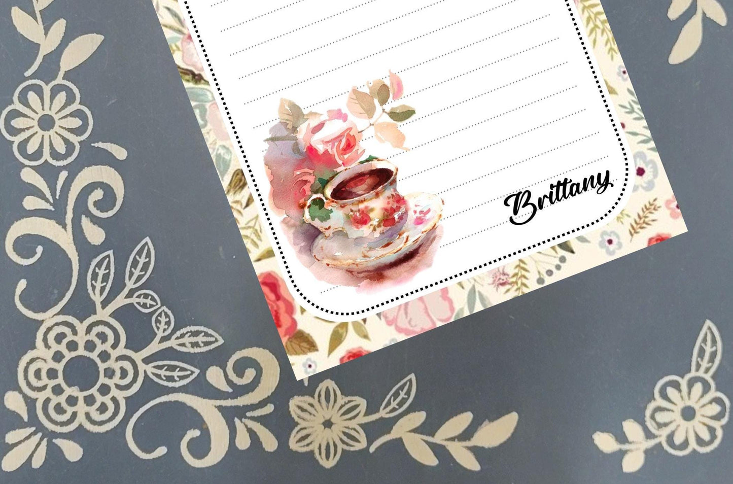 Personalized Tea Time, Rose Tea Cup, Notepad Stationery