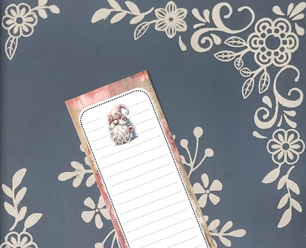 Gnome, Pink Flowers, Magnet Notepad List Pad
