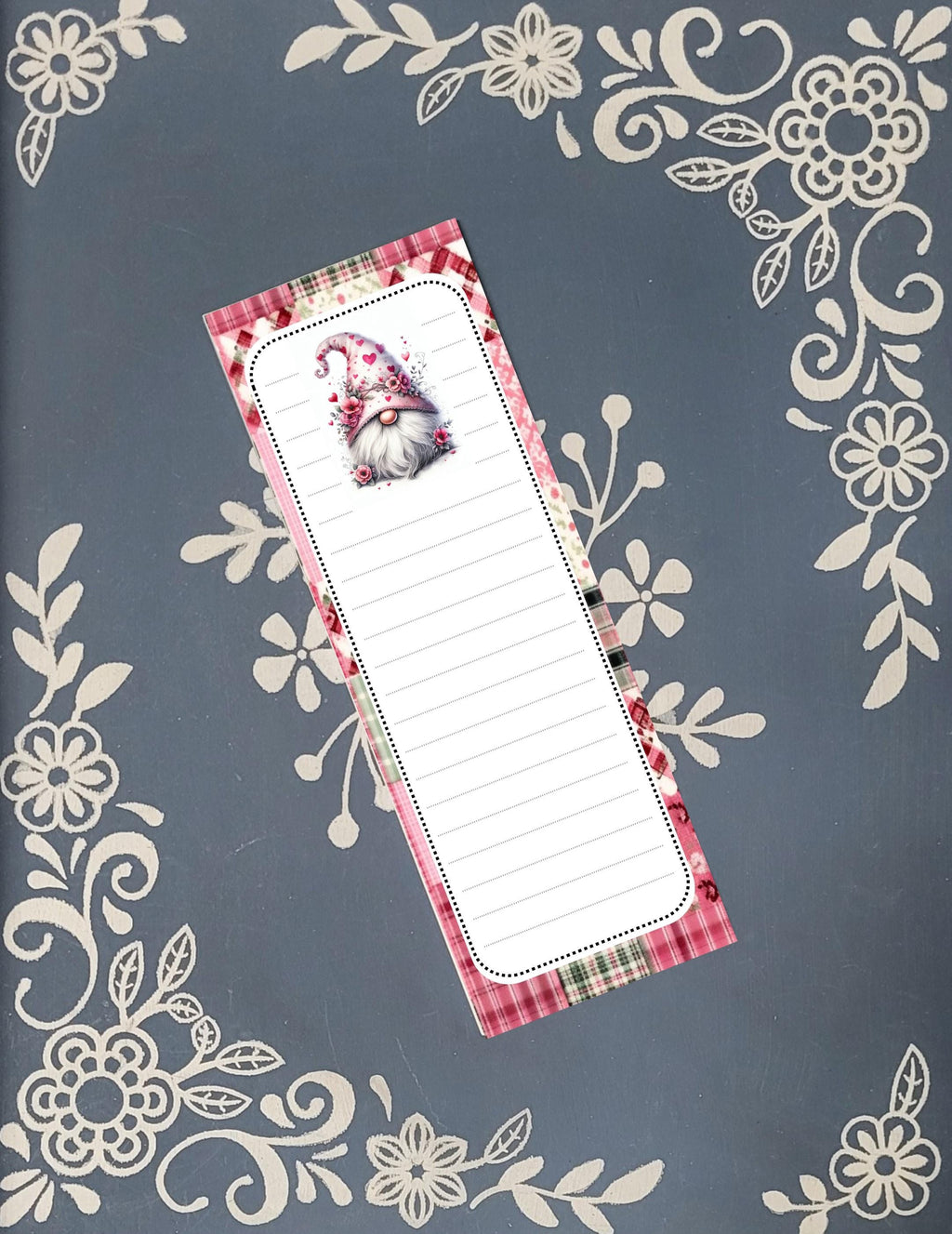 Gnome, Pink Hearts, Magnet Notepad List Pad