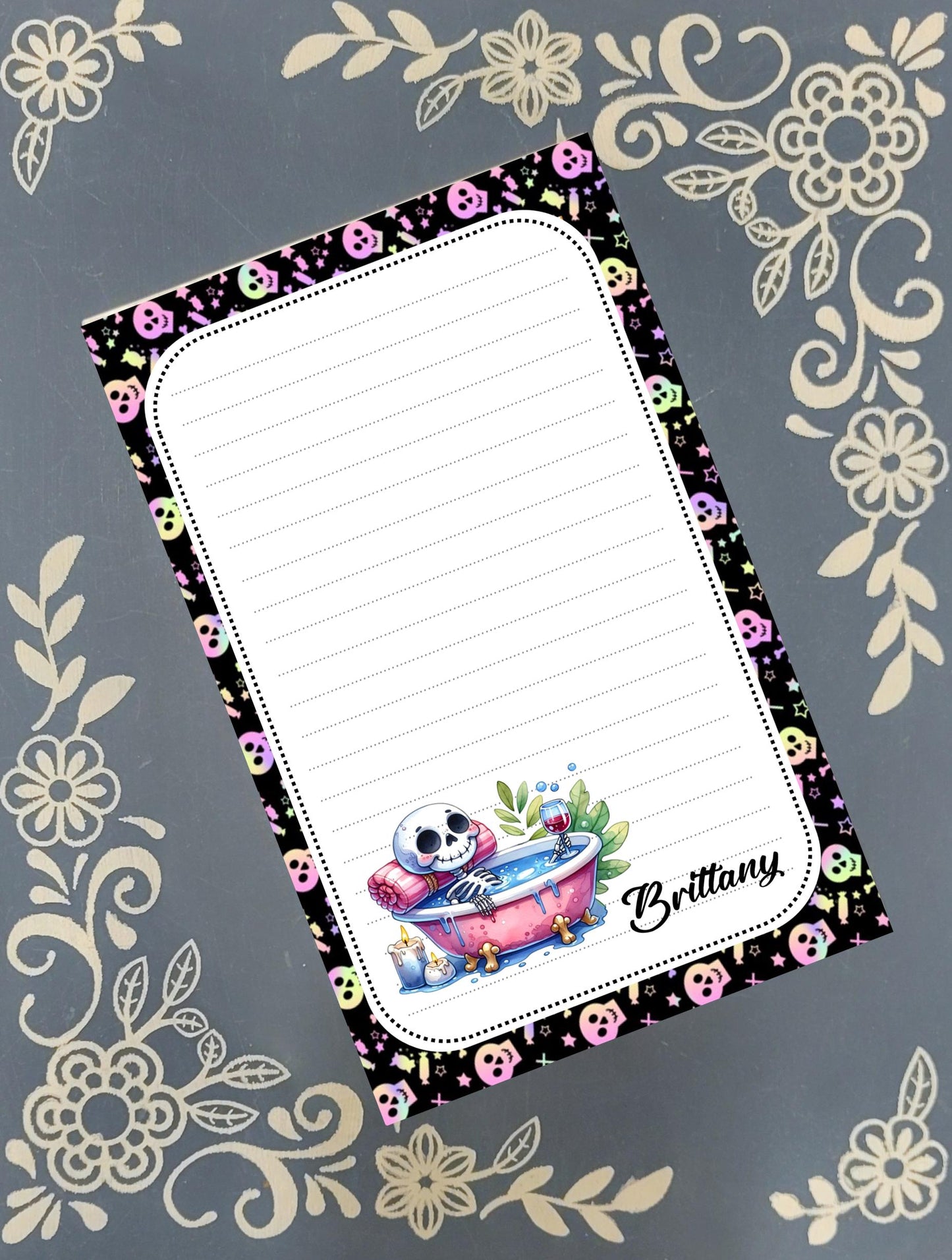 Personalized Skeleton in the Bath drinking Wine, Halloween, Notepad Stationery