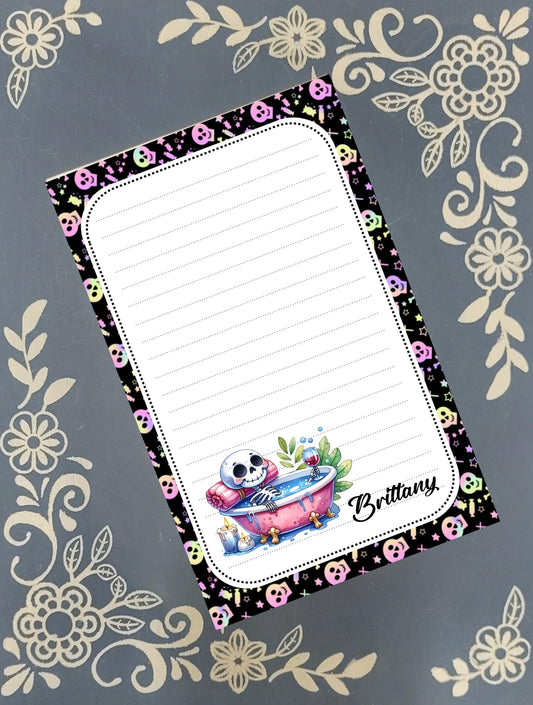 Personalized Skeleton in the Bath drinking Wine, Halloween, Notepad Stationery