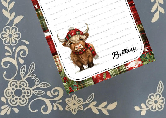 Personalized Highland Cow Christmas, Winter, Holiday, Notepad Stationery