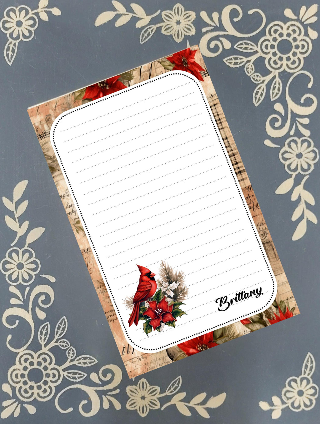 Personalized Cardinal on a Poinsettia, Christmas, Winter, Holiday, Notepad Stationery
