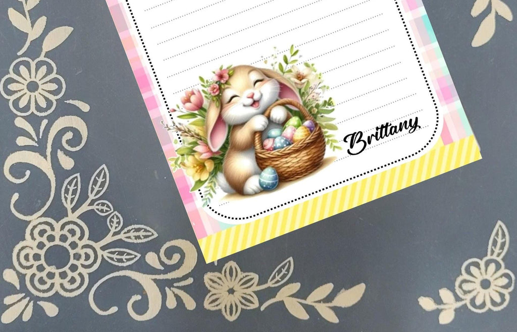 Personalized Easter Bunny with basket of Easter Eggs, Notepad Stationery