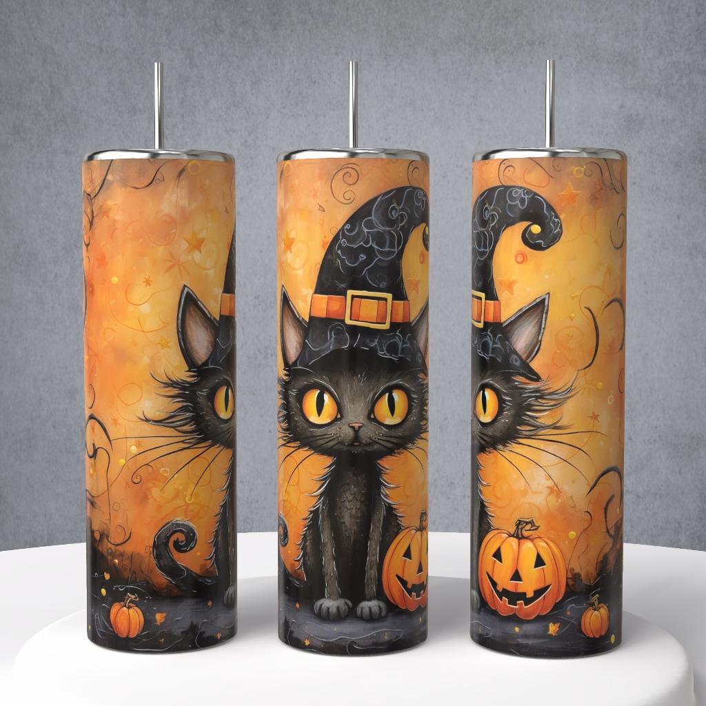 Cat, Black Witchy Cat with a Pumpkin Mug or Tumbler
